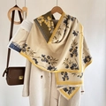 Elegant beige cashmere-feel scarf with yellow and blue magnolia floral print and tassels - Fresh Floral-Yellow