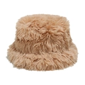 Close-up detail of soft fluffy texture on winter plush camel faux fur bucket hat - M (56-58cm) / Khaki