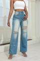 Jeans azzurri a vita alta strappati con taglio dritto a gamba larga per donna - XS / verde chiaro