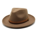Detailed close-up of brown wool fedora with two-tone ribbon and metal logo emblem - M (56-58cm) / Dark Khaki