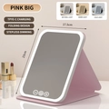 Pink portable LED makeup mirror with folding design and three adjustable light modes - Large / Tricolor Light Rechargeable / Pink