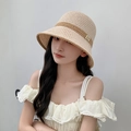 Women's beige straw bucket hat with hollow-out lace and brown ribbon with M logo - L (54cm-58cm) / Beige with M Logo