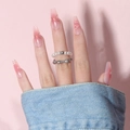 Pink gradient coffin press-on nails with white heart patterns and gold line accents - Pink Gradient Heart Style (Y-258) / Glue Type