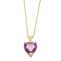 Detailed view of a purple heart zircon pendant on a gold box chain with diamond accents - Purple
