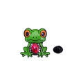 Green enamel frog brooch pin with a large pink gemstone and sparkling small white crystals - Red Crystal Frog