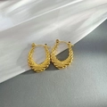 Elegant gold-plated hoop earrings with wheat ear leaf texture and U-shaped hinged clicker - Eh313 / 18K Gold