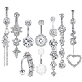 10pcs silver surgical steel navel rings set with sparkling heart and star cubic zirconia - Silver 10-Piece Set