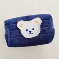 Navy blue velvet quilted pouch featuring a cute white embroidered bear patch - Dark Blue (White Bear)