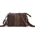 Brown Bohemian PU leather crossbody bag with floral embossing and side tassels - Coffee