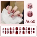 Détails de 24 faux ongles bordeaux marbrés avec flocons de neige et paillettes - Style Estompé Marbre Encre Rouge Vin Foncé (A660)