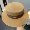 Flat top woven straw hat in natural wood color with dark brown ribbon and metal buckle - Khaki Coffee Ribbon