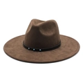 Donkerbruine vilten fedora hoed met brede rand en leren band met turquoise kralen voor uniseks - M(56-59CM) / Bruin