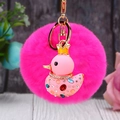 Pink plush duck keychain with golden crown, rhinestones and matching faux fur pompom - Single OPP Bag Packaging / Pink Duck + Rose Red Plush Ball