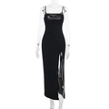 Detail of a black bodycon maxi dress with lace trim, thin straps and high side slit - XS / Black