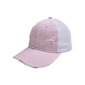 Vue détaillée de la casquette trucker rose et blanche usée en toile de coton et mesh - Réglable / Rose Blanc