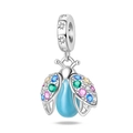 Detailed ladybug charm pendant with colorful zircons and translucent blue wings - Colorful Firefly Pendant Style (PAC1302)