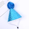 Sparkly blue sequin pet birthday party hat with adjustable strap for dogs and cats - Encrypted Glitter Pom Pom Hat / Sky Blue