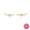 Elegant gold S925 sterling silver earrings with white pearls and sparkling pave diamonds - Cluster Diamond Pearl Fan Style