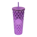 Purple studded plastic tumbler with straw and lid featuring 3D diamond texture - Electroplated Purple