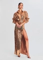 Detailed close-up of rose gold sequins and high-slit design on the evening dress - Gold