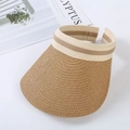 UPF50+ beige straw sun visor with wide brim and elastic striped headband for women - Rainbow Raffia Straw Style / Khaki