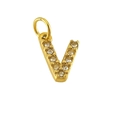 Polished golden stainless steel pendant in V shape with sparkling diamond accents - Letter V