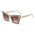 White cat eye sunglasses with rhinestones and pearls featuring brown gradient lenses - Beige Frame/Gradient Tea Lens