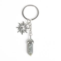 Silver sun keychain with grey-blue hexagonal crystal pillar and heart pendant charm - Labradorite