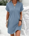 Close-up of V-neck short sleeve knit dress with golden button details in blue - S / Light Blue