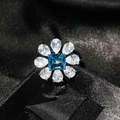 Blue square gemstone ring with flower design and silver band on black fabric - Topaz Blue Ring 【Adjustable】