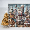 Waterproof Christmas shower curtain featuring a snowman bear and festive winter illustration - Snowman & Teddy Bear (24-6)