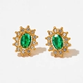 Elegant gold emerald earrings with oval green gemstone and white zircon halo flower design - Golden Oval Emerald Style (KDE1123)