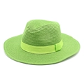 Detail of vivid green woven straw fedora hat with a subtle yellow silk ribbon band - M (56-58cm) / Grass Green