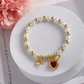 18k gold plated bead bracelet with white pearls and red heart pendant charm - Heart Lock and Red Heart Charm (C)