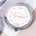 Silver metal folding makeup mirror featuring pink floral wreath and HELLO Gorgeous print - Hello Gorgeous Pink Floral