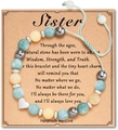 Natural stone beaded friendship bracelet for sisters with silver heart charm and blue cord - Heart Knot Bracelet + Sister Card