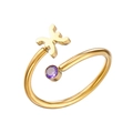 Adjustable golden zodiac ring with Pisces symbol and round purple zircon stone - Pisces - Gold
