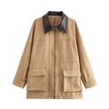 Giacca lunga in finta pelle scamosciata con colletto a contrasto e tasche kaki - S / Cachi