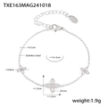Silver stainless steel bracelet with zircon four-leaf flower charms and hollow floral motifs - Four Leaf Flower Zirconia Style / Silver Bracelet