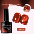 Macro detail of deep ruby red cat eye nail gel showing magnetic glitter texture and shine - Crimson Cat Eye MY06