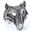 Detailed close-up of retro silver viking wolf ring with intricate celtic totems - Viking Wolf Head Antique Silver (22307)