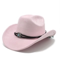 Detail of pink faux suede cowboy hat featuring a black braided band and turquoise buckle - M (56-58cm) / Pink