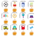 School party cupcake toppers set with pencil, ruler and bus designs for students - Cupcake Toppers 12Pcs