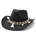 Sombrero de vaquero de fieltro negro con detalles étnicos de conchas y flecos - M (56-58cm) / Negro