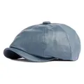 Vintage graublaue Schirmmütze aus PU-Leder für Damen und Herren im klassischen 8-Panel-Design - Verstellbar / Dunstblau