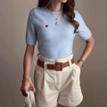 Slim fit light blue short sleeve knit sweater with red heart embroidery and round neck - S / Blue