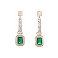 Art Deco style gold-tone long drop earrings with emerald green gemstones and clear crystals - Art Deco Three-Tier Style (G)