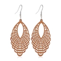 Detail shot of hollow teardrop wooden earrings with natural grain and metal hooks - Style 33/Hollow Teardrop Clear Grain