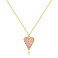 Golden heart pendant necklace with pink mosaic center and clear zircon stones on white background - Pink