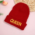 Deep red knitted beanie featuring a yellow embroidered QUEEN letter pattern for women - Red Yellow QUEEN